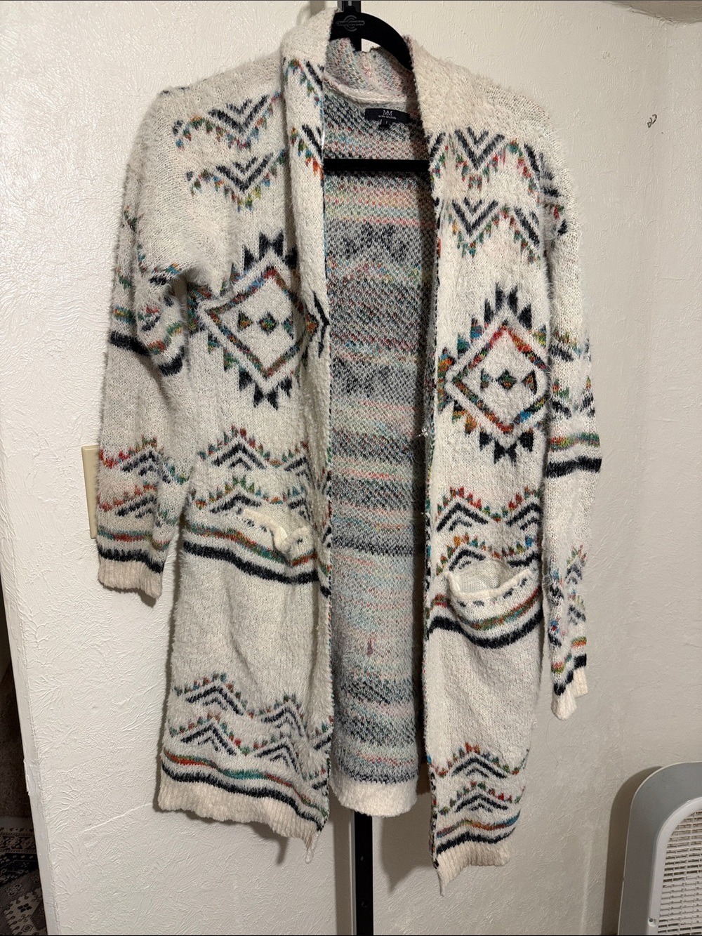 My Michelle Ivory Open-Front Geometric Knit Cardigan